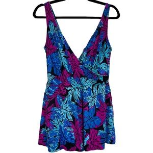 Maxine of Hollywood Neon Floral Skirted Swimsuit Size 20W Stretchy Vintage 1980s